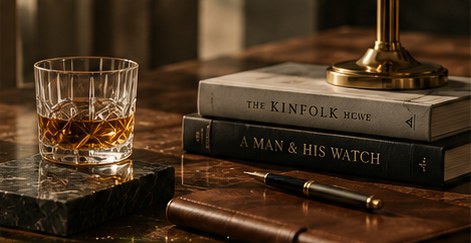 A whisky glass and books on a desk